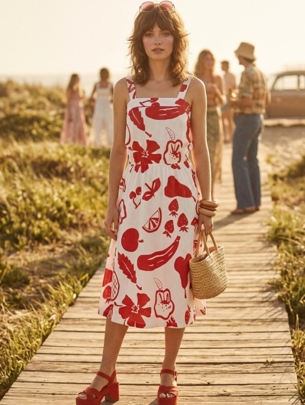 Vintage 70s Fruit Print Dress Medium Red White Novelty A-Line Mod Summer